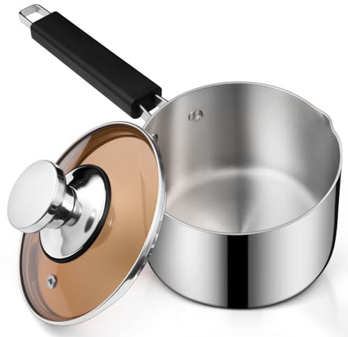 Onader 16cm Saucepan, Tri-Ply Stainless Steel Sauce Pan with Glass Lid, Induction Safe Milk Pan for Kitchen Cooking, Pouring Spout & Heatproof Handle, Mirror Finished & Easy Clean - 1.9 L