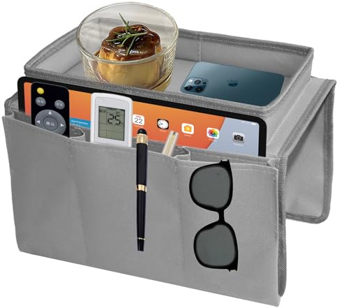 Organizador para el brazo del sofá, organizador CODOMOR CADDY con bandeja, bolsillo con soporte para mando a distancia, teléfono, libro, revistas, mando a distancia de la TV, gafas, taza, bebidas