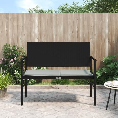 CINDERFUL Gartenbank 2-Sitzer mit Kissen Schwarz Poly Rattan,2Sitzer Gartenbank Schwarz Wetterresistente Rattan Gartenbank mit bequemem Sitzkissen Terrassen Sitzmöbel, Gartenbänke