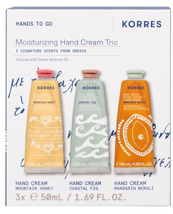 KORRES Feuchtigkeitsspendendes Handcreme-Trio zum Verschenken, Coastal Fig, Mandarin Neroli & Mountain Honey Handcremes, Geschenkset, für zarte & gepflegte Hände, silikon- & parabenfrei, 3x50ml