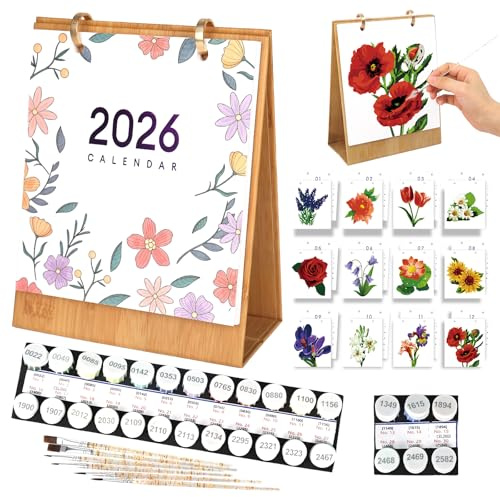 Rzspher Calendrier 2026 - Kit de peinture par numéros pour adultes - 12 plantes vertes différentes - Fleurs en pot - Peinture à l'huile peinte à la main - Calendrier de table avec pinceaux et peinture