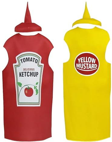 Pomberi 2 Pack Costume Halloween Couple, Unisex Adult Cosplay Ketchup And Mustard Cost-ume Halloween Lover Fancy Dress Funny Food Tunic For Couples Mascot Outfit, Ketchup And Mustard Costume