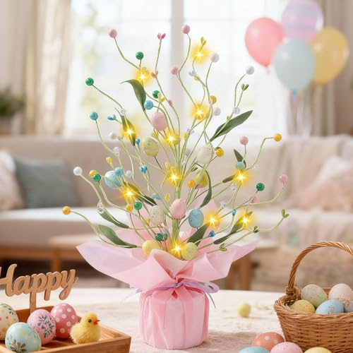 Osterdeko Baum Lichter, LED Osterbaum Licht Ostern Deko Baum mit LED Lichterkette Lichterbaum mit Bunt Ostereier Künstliche Frühling Deko led Baum Innen Batteriebetrieben für Frühlingsdeko Oster (B)