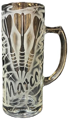 Bierkrug 0,3 l mit Gravur Dart Dartpfeile Dartlogo und Name personalisiert Glas Krug Bierglas Bierseidel Glaskrug individuell Geschenk