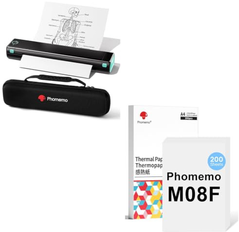 Phomemo M08F A4 Schwarz Grün Tragbarer Drucker mit Tragetasche & 200 Blatt A4 Thermopapier, Kabelloser Bluetooth Mobildrucker für Reisen, Auto, Büro & Zuhause