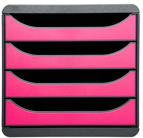 Exacompta – Ref 310784D – BIG-BOX skrivbordslåda set – 4 x 55 mm lådor, lämplig för A4+ dokument, 347 x 278 x 267 mm, 100% återvunnen plast – svart/hallon