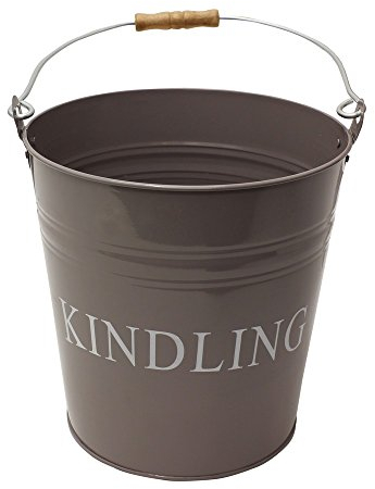 JVL 11-322 Charlton Fireside Metal Kindling Bucket with Handle, Steel/Wood, Grey, 21 x 21 x 27 cm