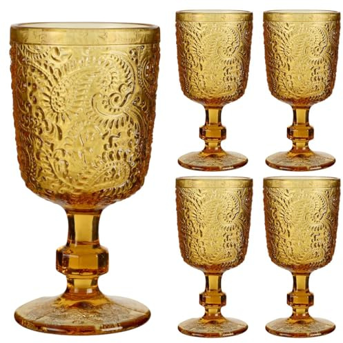 Dibor Set of Four 300ml Wine Goblet Glasses Embossed Dining Glassware Amber Wine Glasses (DA12)