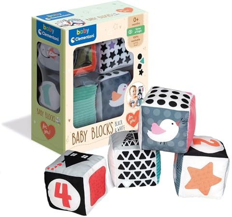 Clementoni 17321 Black & White Würfel, 4 lehrreiche Plüschwürfel, weiches Spielzeug für Babys Entwicklung, Stofftier für Säuglinge, Motorik- & Wahrnehmungs-Lernspielzeug