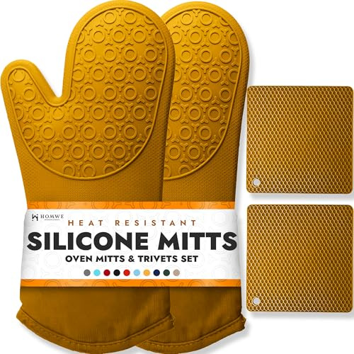 BPA-Free Soft Silicone 4 Piece Oven Mitts & Trivets Set - Ultra Heat Resistant Oven Mitts with Thick Cotton Liner - Long Slip Resistant Pot Holders, Flexible Oven Gloves - Yellow