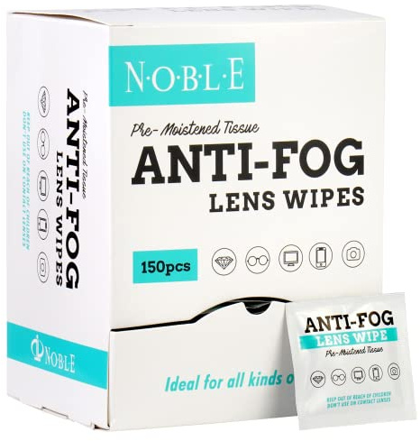 Noble Anti-Fog Pre-Moistened Lens and Screen Cleaning Wipes for Glasses Eyewear, Smartphones, Camera Lenses, Small Electronic Devices, Touchscreens, Individually Wrapped, Residue-Free, 5”x 6” (150)