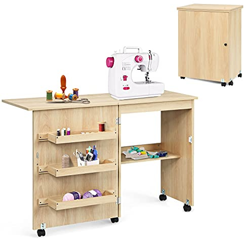 RELAX4LIFE Mobiletto per Macchina da Cucire Pieghevole su Ruote Bloccabili, Tavolo da Cucito in Legno con Ripiani Portaoggetti, Tavolino Cucito Multiuso da Studio e Salotto, 117,5x 40x 77cm (Beige)