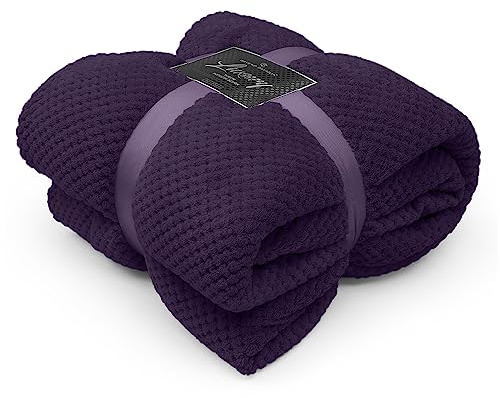 GC GAVENO CAVAILIA Waffle Throws For Sofas, Lightweight Soft Sherpa Fleece Blanket For Bed Settee, Thermal Warm & Cosy Double Bed Blanket Throw, 150x200 Cm Purple