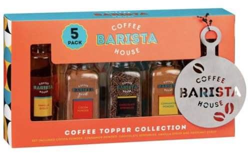 Coffee Gift Sets - Coffee Toppers Set - 4 Pack Coffee Gifts - Vanilla Sugar, Chocolate Sprinkles, Cocoa Powder, Cinnamon Sugar Powder, and Coffee Stencil