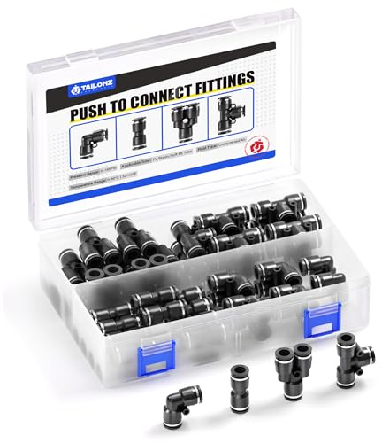 TAILONZ Pneumatic Black 1/4 od Push to Connect Fittings Pneumatic Fittings Kit 10 Splitters + 10 Angle + 10 Tee + 10 Straight (Pack of 40)