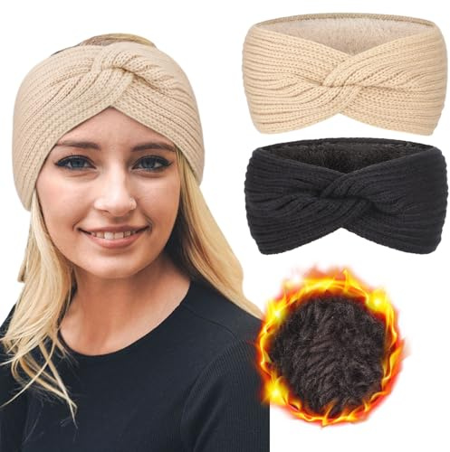 DRESHOW Femmes Chaud Tricoté Bandeau Hiver Oreille Plus Chaud Crochet Tête Enveloppe épais Polaire Doublure Cheveux Bandes