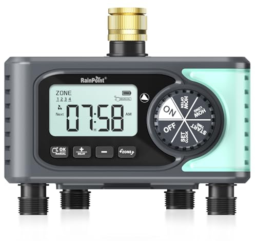 RAINPOINT Bewässerungscomputer 4 Ausgänge, Wasserzeitschaltuhr mit Messingeinlass, Regenverzögerung/Manueller Bewässerung, Automatische Bewässerung für Rasen und Garten