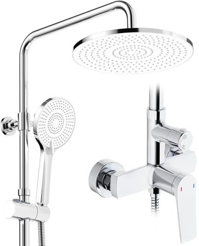 Rainsworth Columna Ducha con Grifo Cromo, Altura Regulable 100-135 cm, Grifos de latón,Columna de Ducha con Alcachofa de Ducha Redondo 25 cm, duchas de baño columna con Ducha de Mano