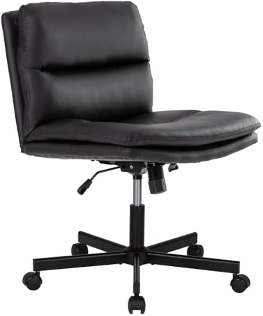 UEV Bürostuhl ohne Armlehnen,Lesesessel mit breiterem Kissen für Schneidersitz,Wippfunktion 90°-120°,Schminktischstuhl belastbar bis 150 kg, Schreibtischstuhl mit doppel Polsterung, PU Leder(schwarz)