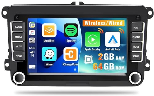 [HiFi Audio] CAMECHO 2+64GB Android 13 Autoradio für VW Golf 5 6 Polo T5 Tiguan Seat Passat mit Wireless Carplay & Android Auto, 7’’ Bildschirm mit Bluetooth Navi WiFi FM/RDS SWC Rückfahrkamera + MIC