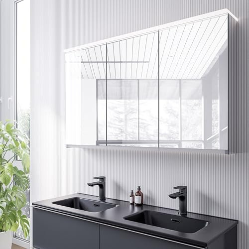 Bernstein LED-Spiegelschrank VARO 3-Türig 120cm – Badezimmerspiegel mit Waschtischbeleuchtung, Innenverspiegelung, Steckdose, Soft-Close-Türen, Wandmontage – Badezimmerbeleuchtung & Badspiegel