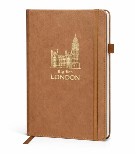 Premium A5 Thermo PU Leather Journal Notebook, London Souvenir Skyline Brown Notebook, 192 Pages, Pen Loop, Rear Pocket & Bookmark, London Eye, Big Ben & Tower Bridge Travel Notebook, Brown