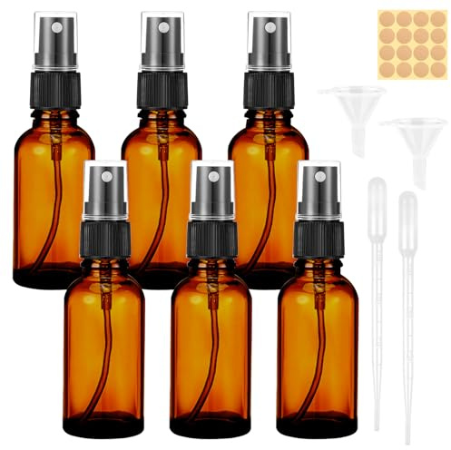 Maxmoc 30ml Amber Glass Spray Bottle,Small Refillable Fine Mist, 6pcs | Brown Glass with Dropper, Funnels, Label for Cleaning, Aromatherapy, Perfume, Hair, Cosmetic Travel Sprays