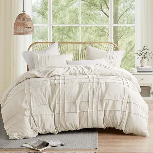 Comfort Spaces Neutral Cal King Size Duvet Cover Set - 3-pc Pintuck Pleated Duvet Cover, All Season Lightweight, Extra Softness Pre-Washed Microfiber Cal King Bed Cover Shams, Cal King