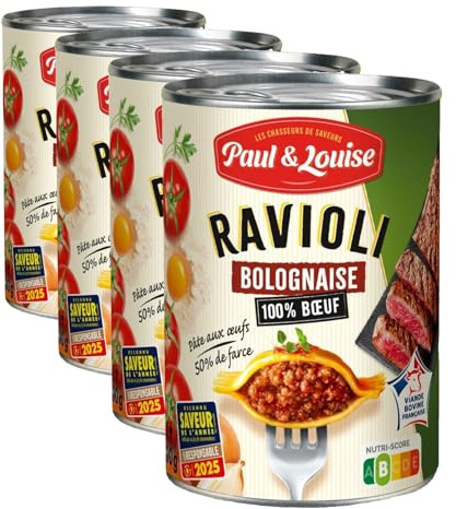 Paul & Louise Ravioli Bolognaise 400g - Pâte aux œufs – 50% de farce - 100% viande origine France - Sans colorant - Sans arôme artificiel - Nutriscore B (Lot de 4)