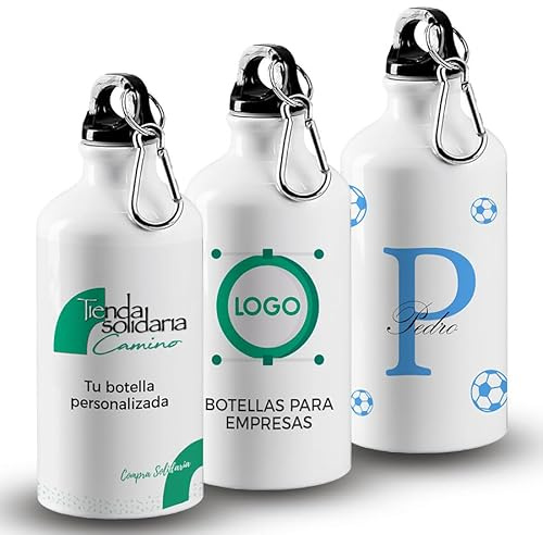 Botella de Agua Personalizada para niños 400 ml con mosquetón | Botella de Aluminio Ligera con Nombre, Foto y Texto | para Colegio, Deporte y excursiones | Compra solidaria
