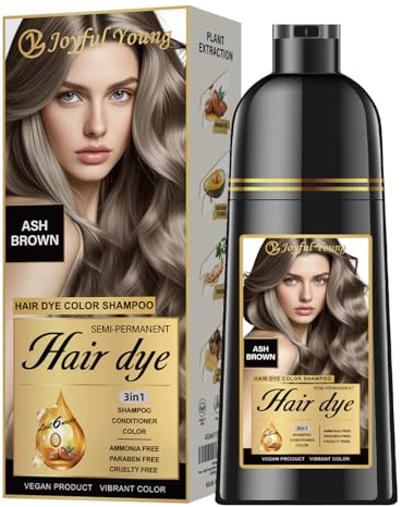 Joyful Young Hair Dye Shampoo 3-in-1, Ash Brown Semi-Permanent Gray Hair Coverage, Color Depositing Shampoo for Women & Men, Vegan, Ammonia-Free