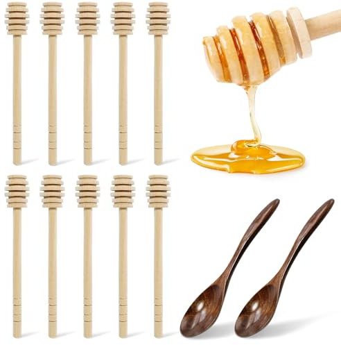 Traumarkeu 10 Pezzi Agitatori per Miele e 2 Pezzi Cucchiai per Miele. Cucchiaio per Miele in Legno,Legno Agitatori per Miele.Bastoncini di Miele a Spirale,Agitatori per Miele con Sollevatore di Miele