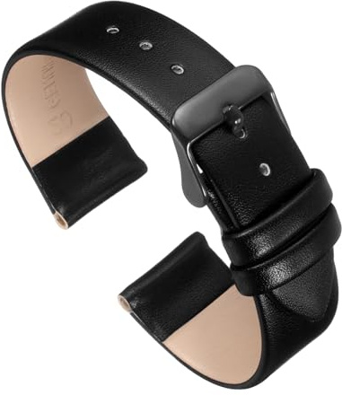 QUARKZMAN Bracelet Montre en Cuir 20mm de Largeur Noir Bracelet de Montre Plat, Fin et Élégant en Cuir Véritable avec Boucle Noire pour Homme et Femme