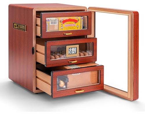 PODEC Humidor-Tischschrank Für Zigarren, Kleiner Zigarrenschrank Fürs Büro Mit Luftbefeuchtern, Digitalem Hygrometer Und 3-lagiger Schublade, Energiesparend Und Geräuschlos, Geschenk Für Männer