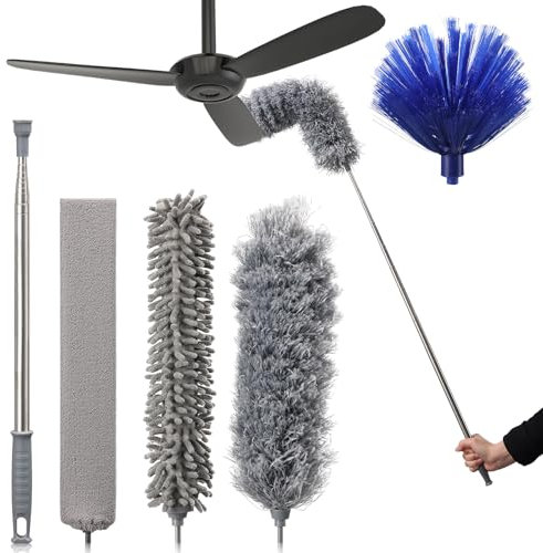 Feather Duster 5PCS kit, Dusters for Cleaning Dust with Extendable Pole Up to 243 CM. Washable Feather Duster Set Includes Bendable and Reusable Gap Hand Crevice Brush for Cobwebs, Lights, Furniture
