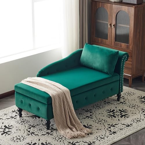 Modernes Samt-Chaiselongue-Sofa mit Stauraum, gepolsterter Loungesessel mit Kissenknopf, getuftet und Nagelkopfbesatz, Innenbereich, rechte Armlehne, Couch für Wohnzimmer, Schlafzimmer, Büro, Grün