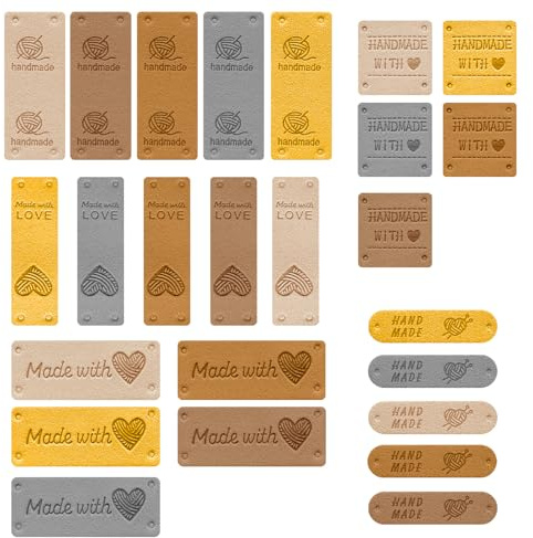 Handgemachte Etiketten, 25 Packungen mit Liebe gefertigte Prägeetiketten aus PU-Leder (Gelb, Braun)