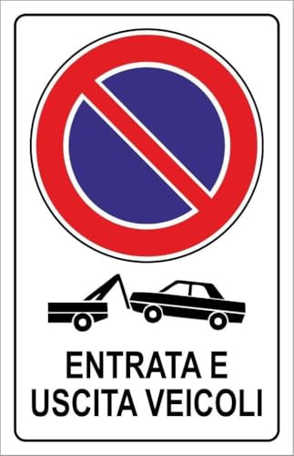 CARTELLO SEGNALETICO - DIVIETO DI SOSTA ENTRA E USCITA VEICOLI - Adesivo Extra Resistente, Pannello in Forex, Pannello In Alluminio (Alluminio, 10x15 cm)