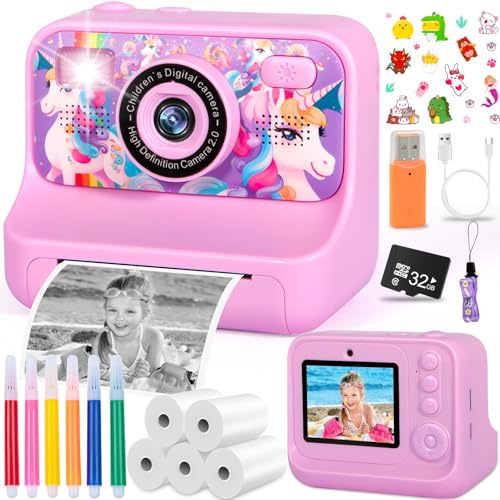 ZQEJEFD Appareil Photo Instantané Enfant, 1080P Appareil Photo Numérique Enfant avec Carte de 32GB, Papier d'impression, 2.4 Pouces Appareil Photos Enfants, Cadeau pour Filles Garçons de 3-12 Ans