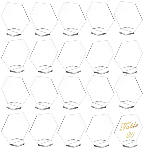 LEOINAER Tarjetas de Asiento Acrílicas Hexagonales Transparentes + Nombre Personalizable + Diseño Elegante Autosoporte + 20 Unidades + 4.3x3.9 Pulgadas + Transparente