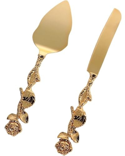 Vobumix Juego De Cuchillo Y Servidor para Tartas Dorados, Utensilios para Cortar Tartas De Boda, Cortador De Tartas Y Espátula para Servir para Bodas, Cumpleaños, Aniversarios, Fiestas De Compromiso