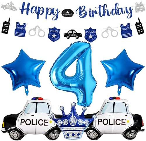 Xietaea Décoration d'anniversaire de police pour garçon de 4 ans - 4 décorations d'anniversaire « Happy Birthday » - Guirlande de ballons bleus - Ballon en aluminium - Ballon chiffré pour 4ème