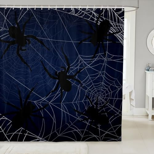 feelingyou Tenda da doccia a forma di ragno, blu, nero, bianco, per bambini, adulti, motivo ragnatela, impermeabile, decorazione per la stanza, 183 x 183 cm
