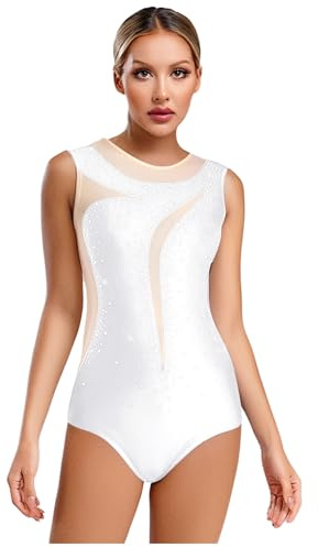 Miaeowve Damen Gymnastikanzug Strass Glitzer Ballettanzug Ärmellos Tanzbody Farbblock Patchwork Turntrikot Cut Out Gymnastik Leotard Tanzanzug Weiß M