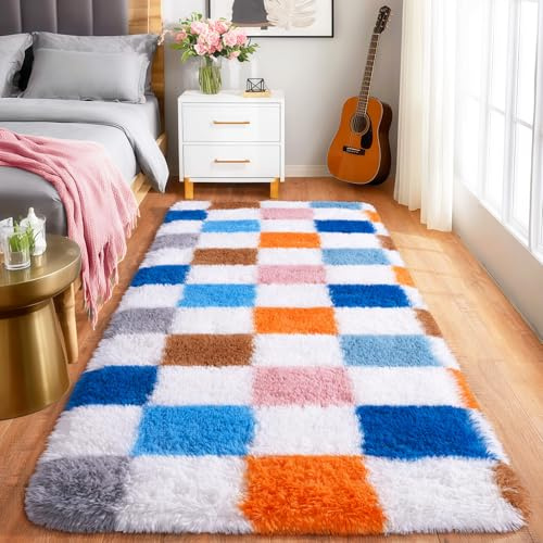 Pionblank Checkered Rug for Bedroom 2x6 Colorful, Modern Fluffy Runner Rugs for Living Room, Super Soft Shaggy Bedside Carpet for Kids Room Nursery Teens Dorm Decor, Rainbow
