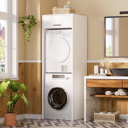 MSFE Armoire pour Machine à Laver et Sèche-linge,Meuble pour Machine à Laver avec Espace de Rangement,Étagère de Rangement de Salle de Bain pour Économiser de l'espace,200*65*65CM,Expédié en 2 Colis