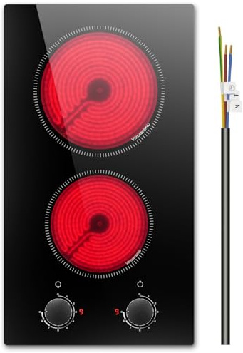 Karienvir Electric Hob 2 Burners Wired in with Knobs for All Ages, 3000 W | 29CM, 9 Heating Levels, Automatic Shutdown, Hot Warning, Overheating Protection, Suitable for Most Cookware, NO PLUG