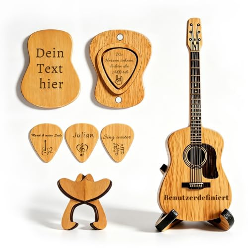 QSZ Personalisierte Plektren Gitarre Box mit 3 Plektrum | Personalisierter Gitarren Plektrum Halter aus Holz Individuell Gravierten Text Name Geschenk für Gitarrenliebhaber Musiker
