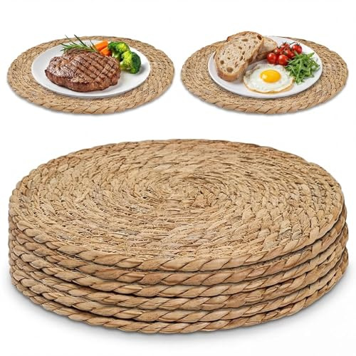 Dexpally 6Pcs Round Woven Placemats Round Placemats Set Rattan Placemats Round Table Mats Handwoven Water Hyacinth Placemats Dining Table Placemats for Dining Table, Home, Party (30cm)