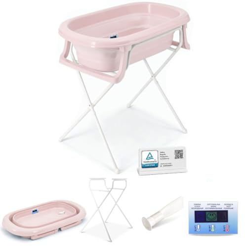 Babykajo Babybadewanne faltbar mit Ständer, Ablaufschlauch & Thermometer-Sticker, 4-teiliges Set ab Geburt, BPA-frei, EU gefertigt, 81x48x23 cm, Babywanne bis 16 Monate